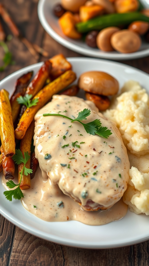 Creamy garlic chicken breast garnished with parsley, served with roasted vegetables and mashed potatoes on a rustic table.